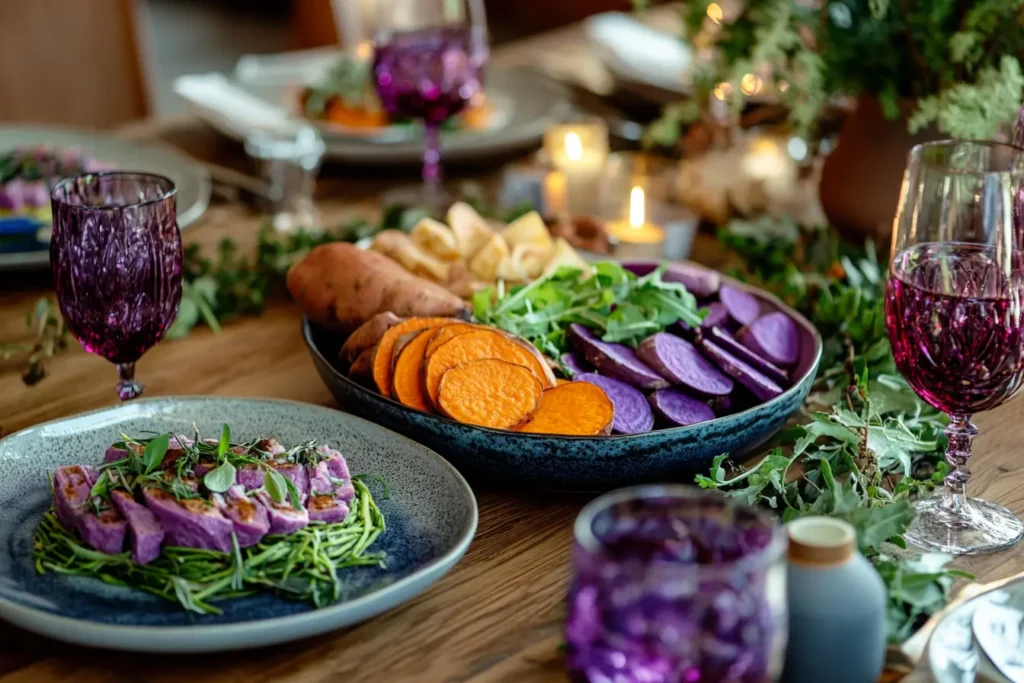 Elegant dining table with vibrant seasonal dishes and decorations.