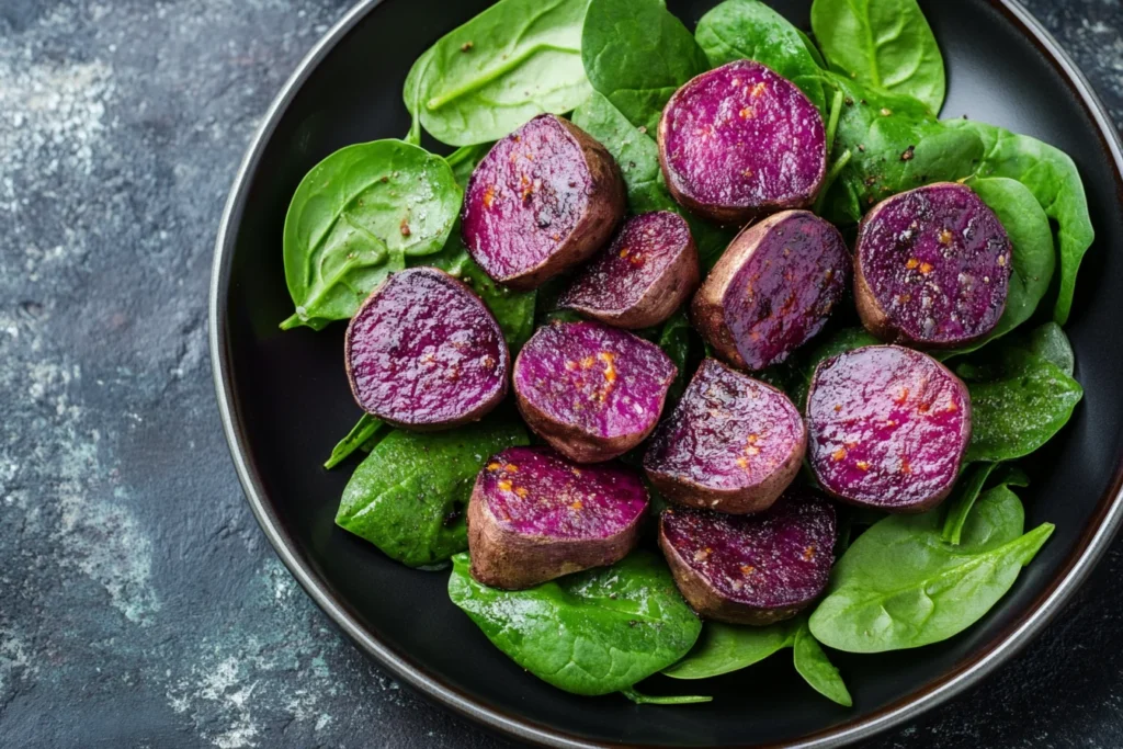 Roasted vegetable arrangement with vibrant purple sweet potatoes and fresh spinach salad