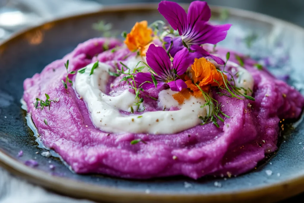 Gourmet purple sweet potato recipe: creamy mashed potatoes topped with coconut cream and edible flowers.