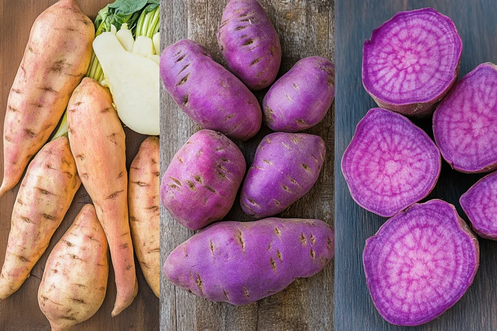 A vibrant flat lay of freshly sliced purple sweet potatoes, raw and roasted, showcasing their rich colors