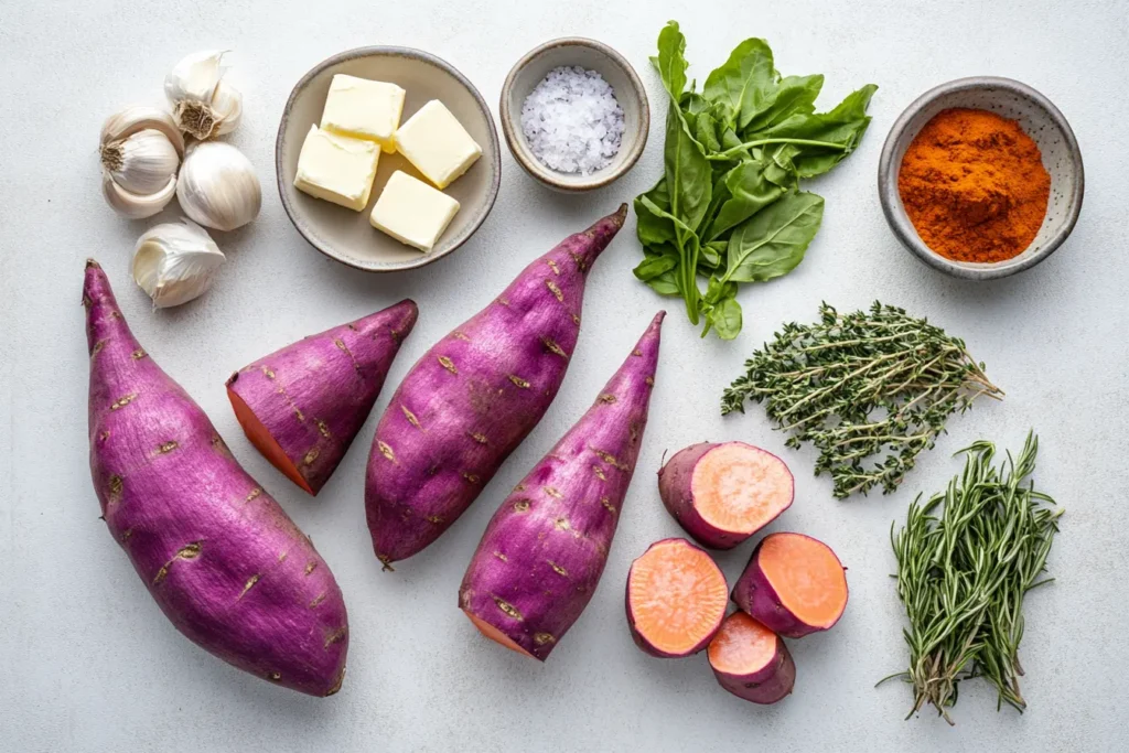 Purple sweet potato recipe ingredients laid out on a neutral background