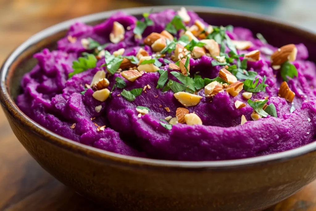 Creamy mashed potatoes in a ceramic bowl, garnished with toasted nuts and fresh herbs