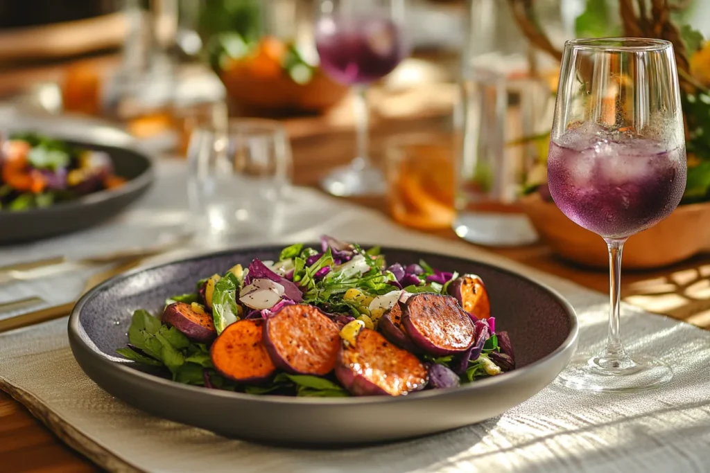 Purple sweet potato recipe plated with roasted potatoes, lemon juice, and tangy side salad