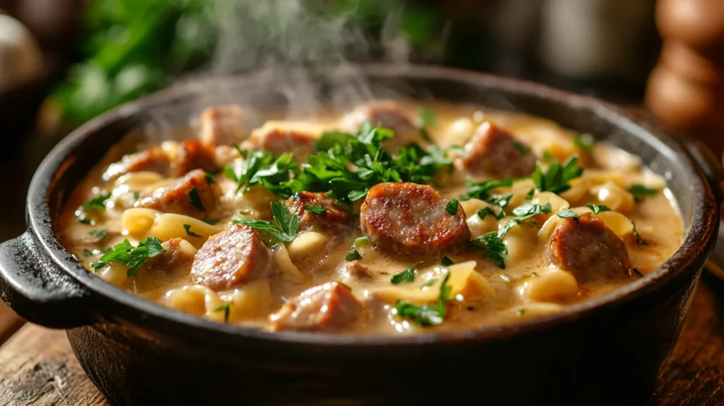 A creamy smoked sausage pasta dish with parsley garnish, steaming on a rustic wooden table