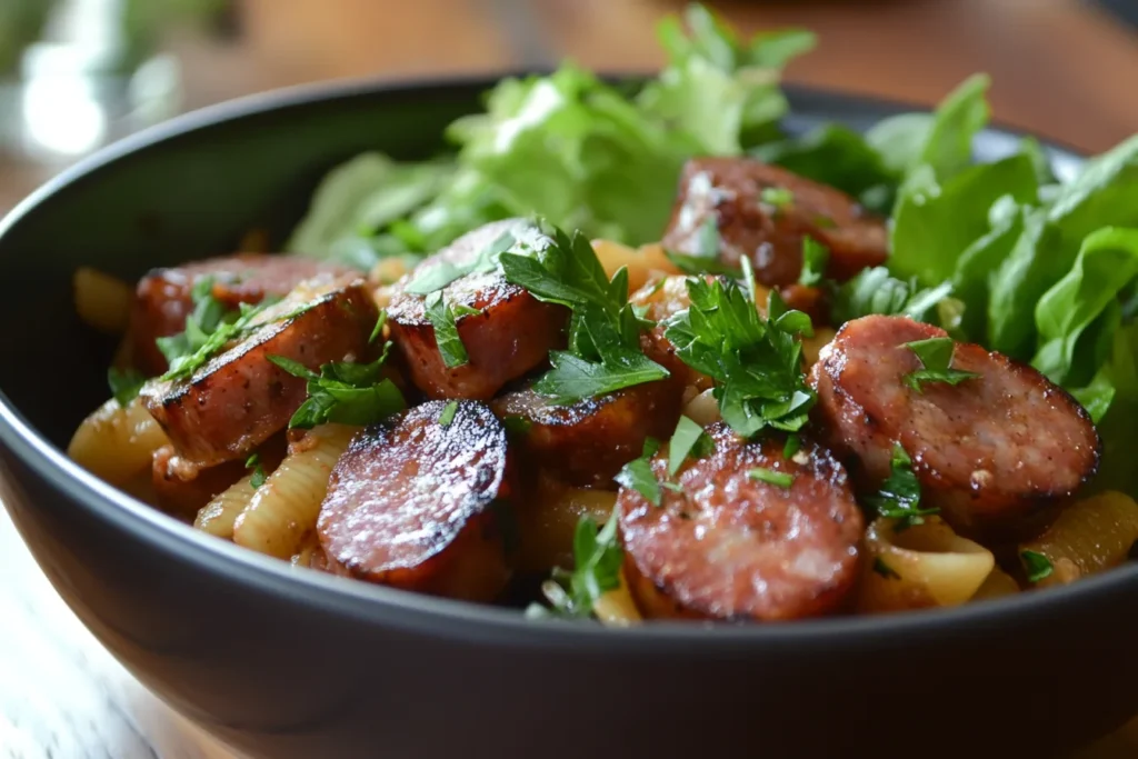 A bowl of smoked sausage and pasta made with whole-grain pasta, garnished with parsley and paired with a side salad