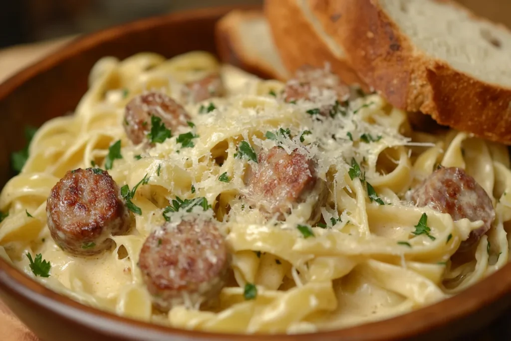 A beautifully plated bowl of creamy smoked sausage pasta, garnished with Parmesan and parsley, with a side of crusty bread