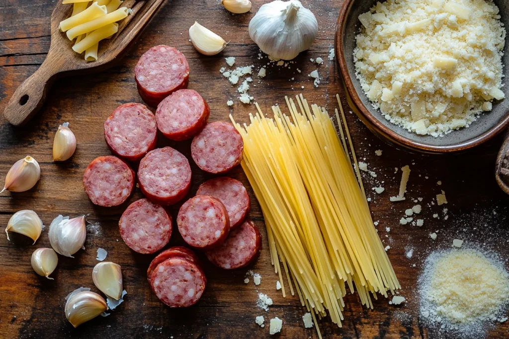 A styled flat lay of ingredients, including sliced smoked sausage, uncooked pasta, minced garlic, and grated Parmesan on a rustic wooden background