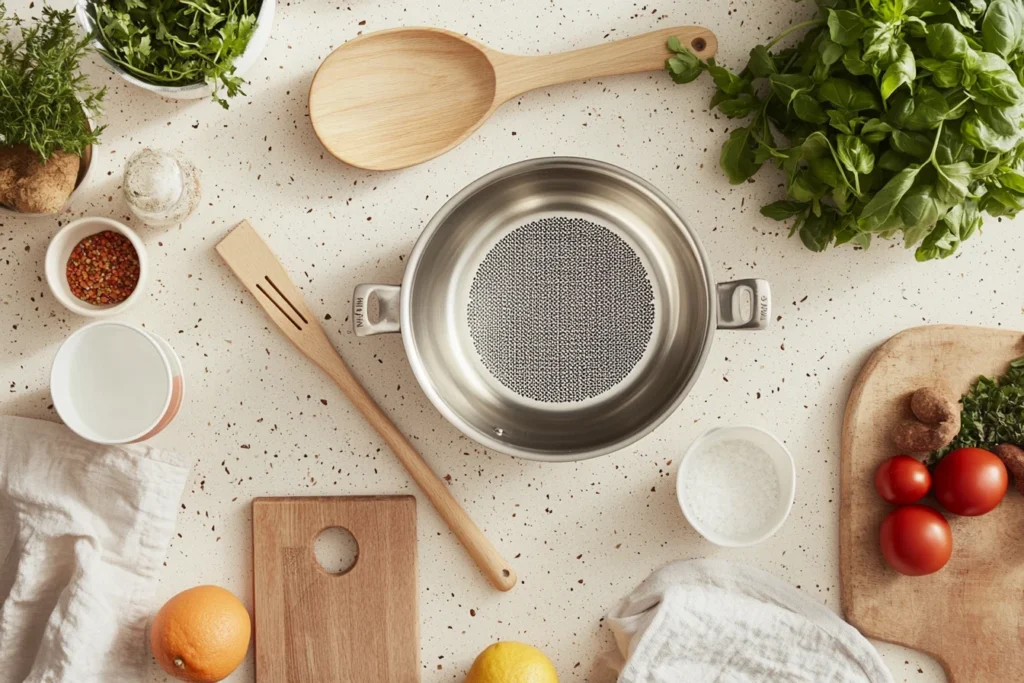 colander, nonstick skillet, measuring cups, and a wooden spoon arranged alongside fresh ingredients