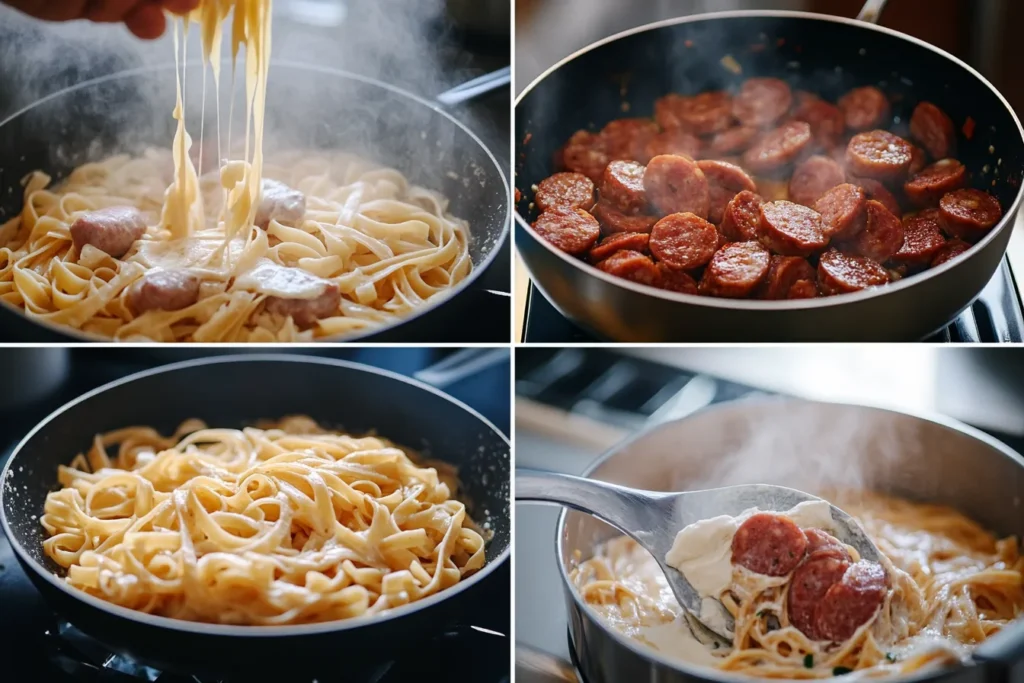 A step-by-step collage featuring sautéing sausage, simmering pasta, and adding cream to create the sauce