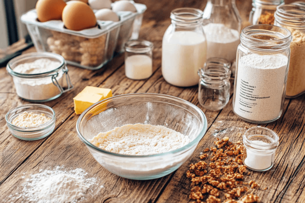 A flat lay of traditional pancake ingredients, including milk, butter, flour, eggs, and a batter bowl, displayed on a rustic wooden kitchen counter with labeled jars.