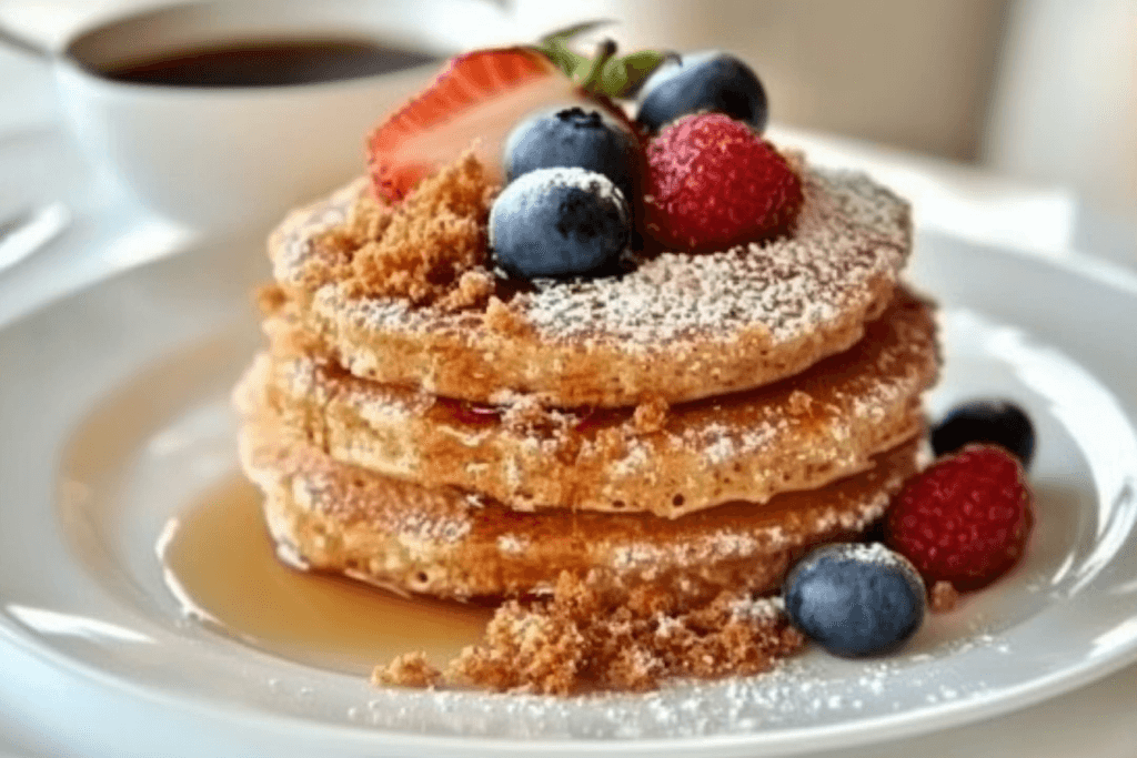 Close-up of fluffy, golden pancakes stacked on a plate, topped with fresh fruit and drizzled with maple syrup, with visible steam rising.