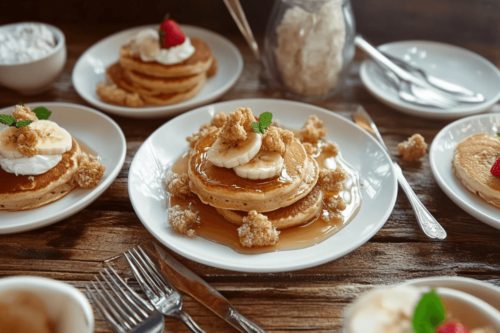 A flat lay of fluffy vegan pancakes topped with bananas, strawberries, and maple syrup, styled on a rustic wooden table with cutlery and a cozy breakfast setting.