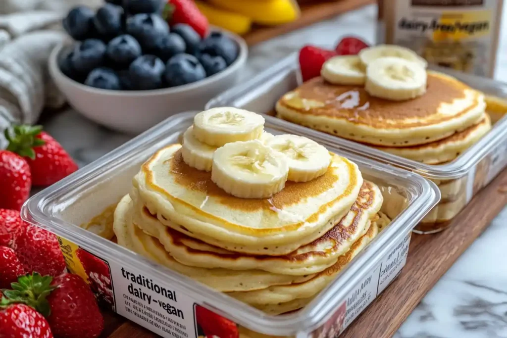 A side-by-side comparison of two pancake mix boxes, one labeled "traditional" and the other "dairy-free/vegan," with their ingredient lists clearly displayed.