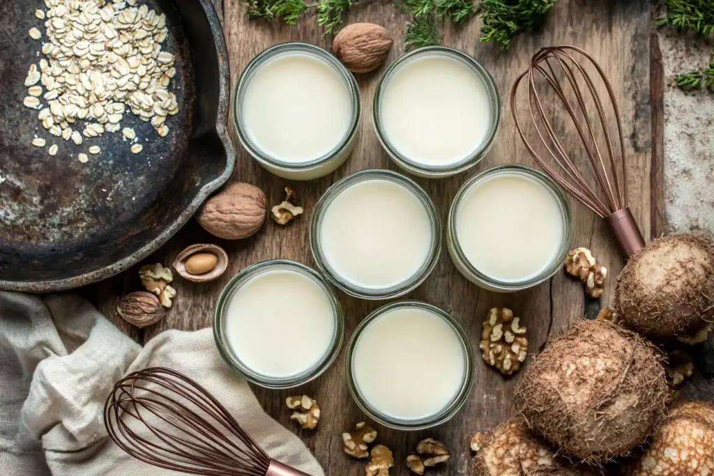 A top-down view of almond, soy, oat, and coconut milk in glasses, placed beside a whisk and a pancake skillet.