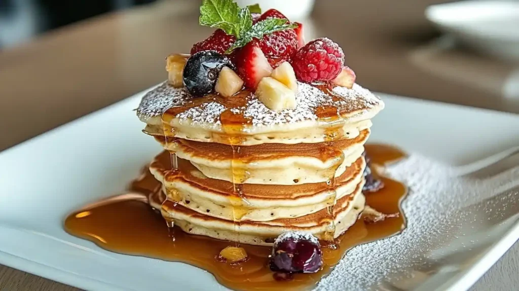 A beautifully styled stack of pancakes, drizzled with maple syrup, topped with fresh fruit like strawberries and blueberries, and sprinkled with powdered sugar.