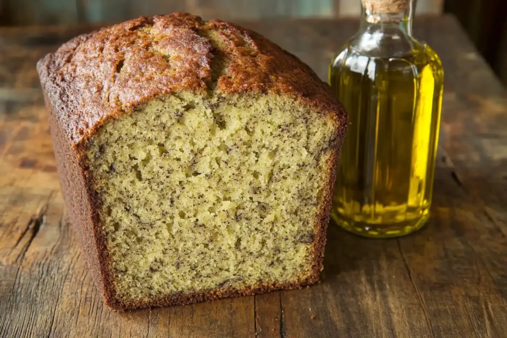 Freshly baked banana bread with glossy texture and olive oil bottle