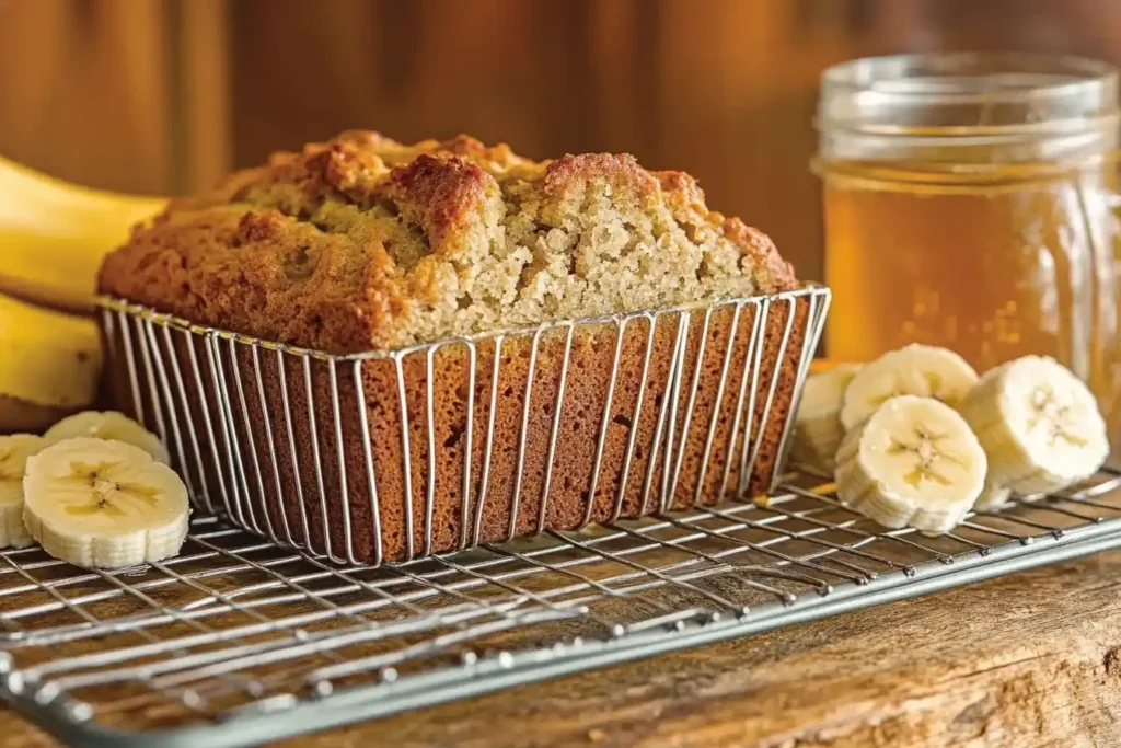 Banana bread on cooling rack with sliced bananas and honey