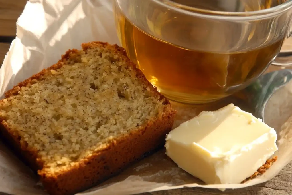 Slice of bananabread served with tea and butter