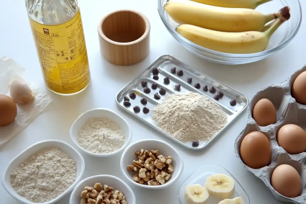 Overhead view of banana bread ingredients including ripe bananas, olive oil, flour, brown sugar, eggs, and toppings