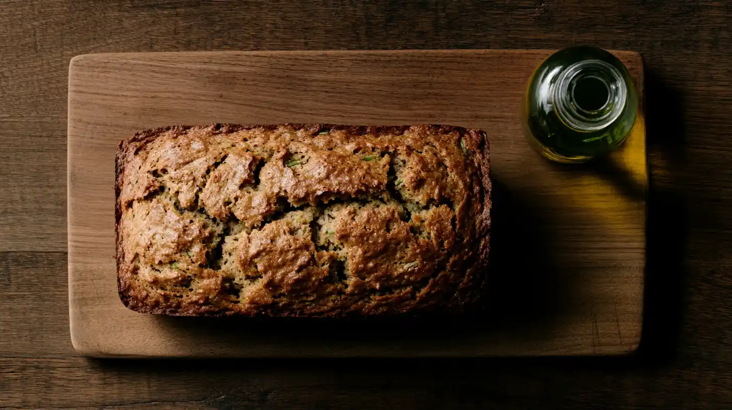 Freshly baked banana bread with glossy texture and olive oil bottle