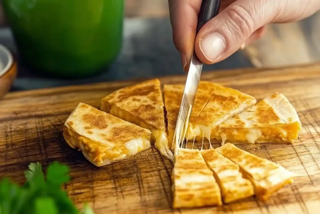 A flat-lay image of a quesadilla being cut with gooey cheese stretching between slices.