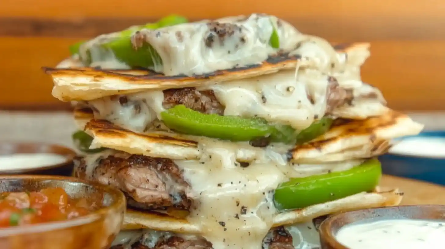 A stack of grilled steak quesadillas with melted cheese, peppers, onions, and dipping sauce.