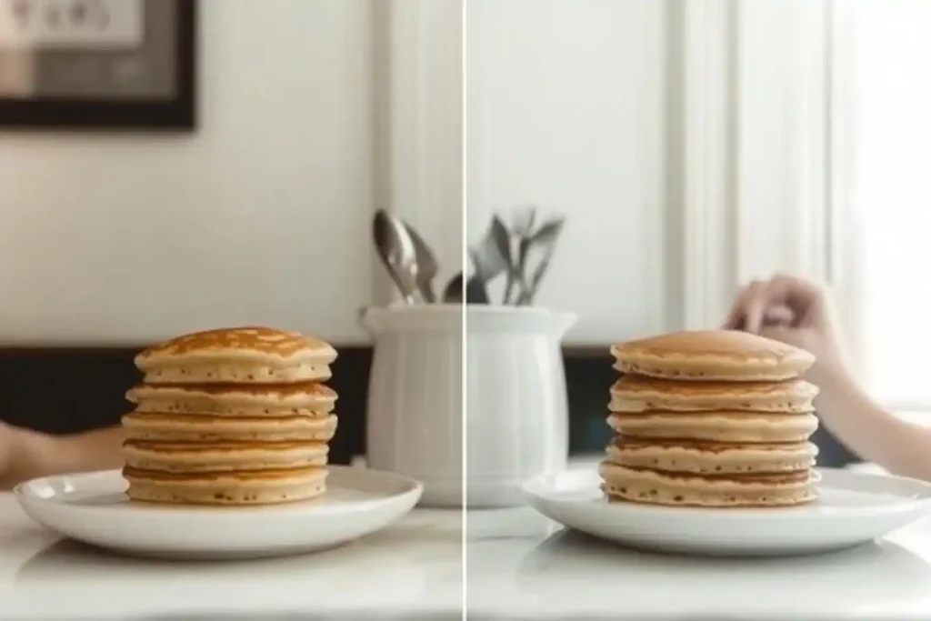 A side-by-side comparison of two pancake stacks—one made with milk and the other with water, showing texture and color differences.