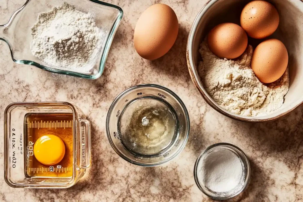 A measuring cup with water, eggs, flour, and a bowl of pancake batter being stirred. Title: Pancake Ingredients Ready for Mixing