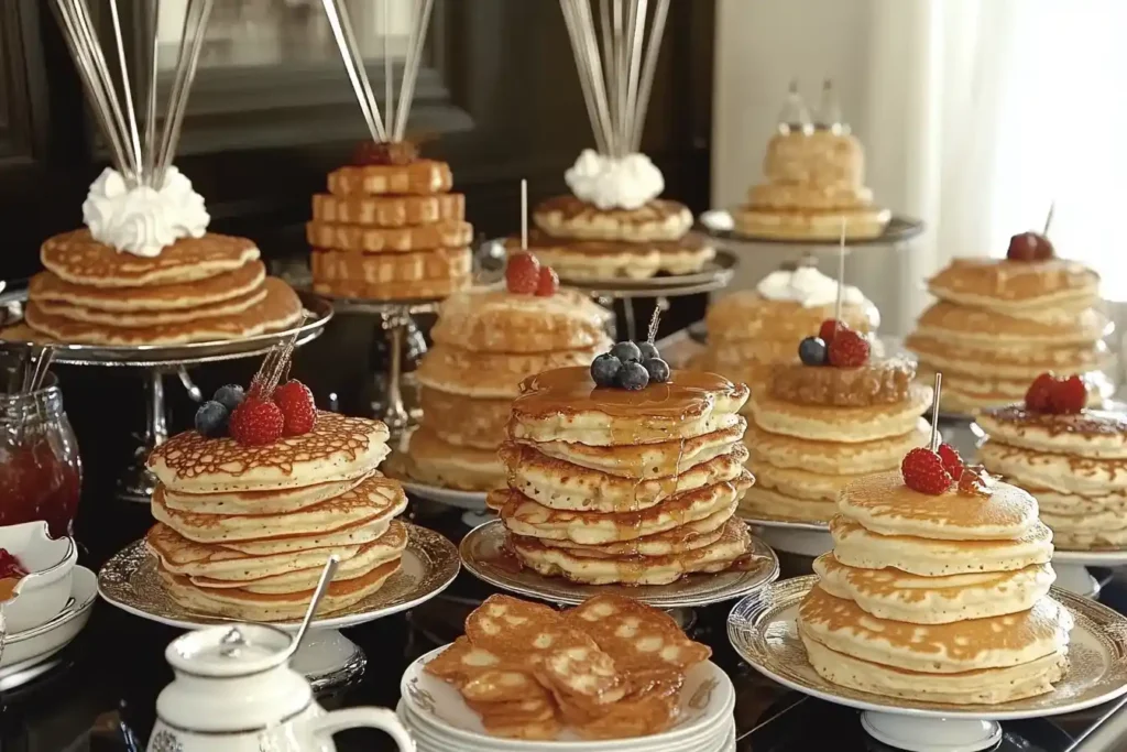 A variety of pancakes with different flavors—one stack with blueberries and a plate of crepes.