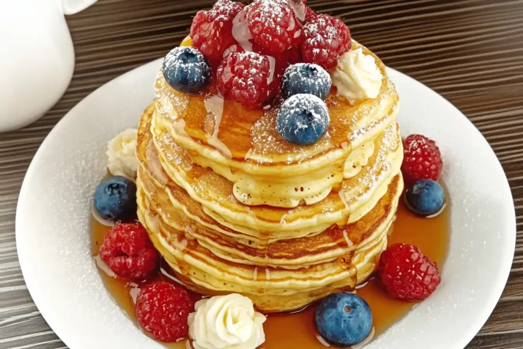 Can I use water instead of milk for pancakes: Golden pancakes drizzled with fresh fruit and syrup, with a stack showing visible fluffiness.