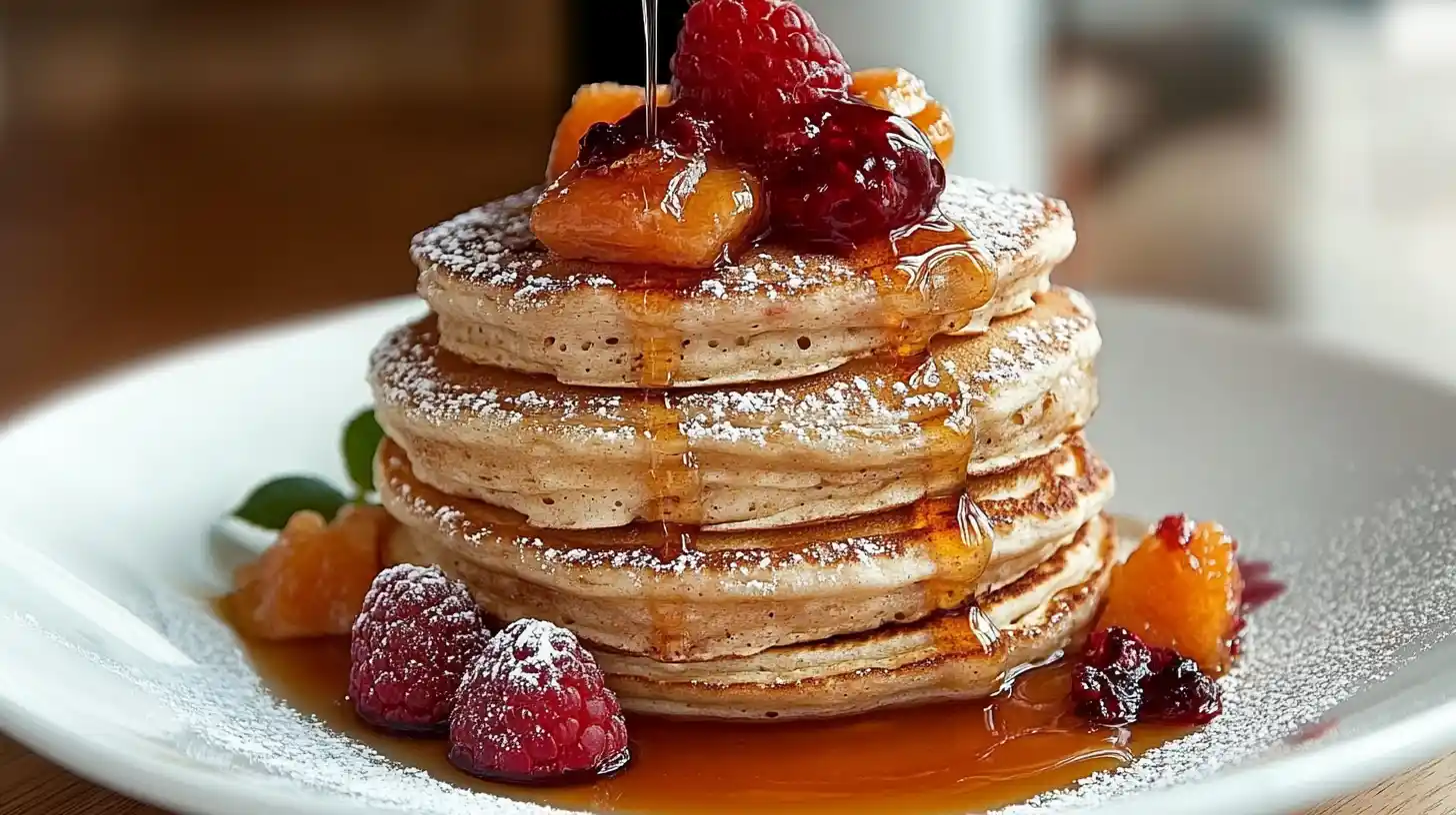 A beautifully styled stack of pancakes drizzled with maple syrup, garnished with fresh fruit and powdered sugar.