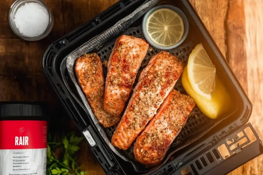 Frozen salmon fillets in an air fryer basket with seasoning ingredients like salt, pepper, garlic powder, and lemon wedges.