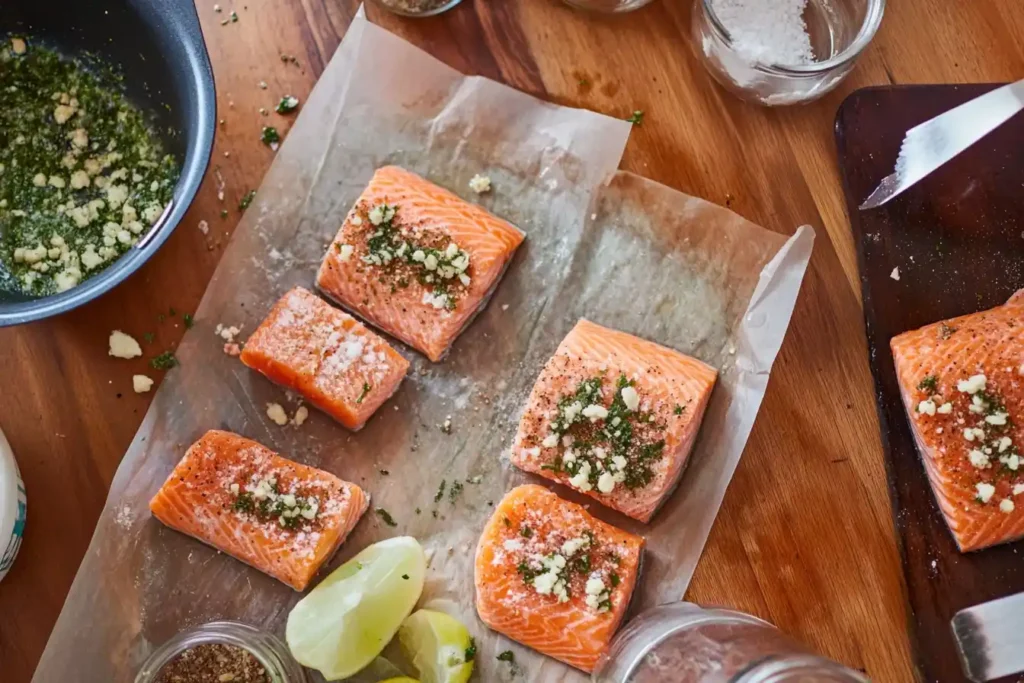 Flat-lay of frozen salmon, spices, herbs, and garnishing tools for air fryer prep.