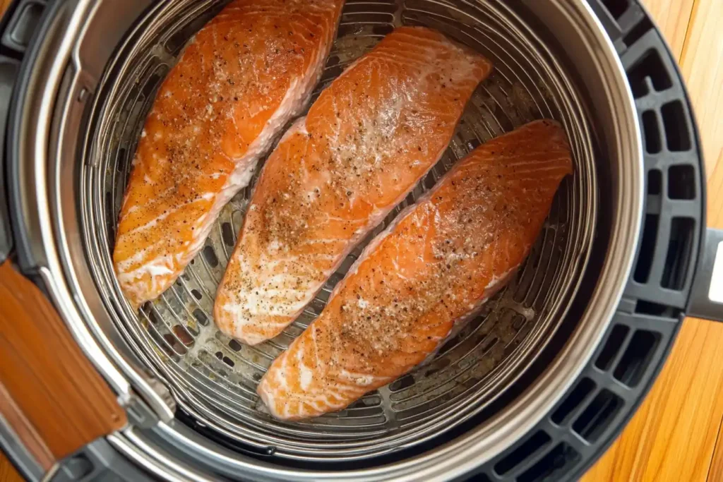 Frozen salmon fillets in an air fryer basket, ready to cook, with visible temperature setting.