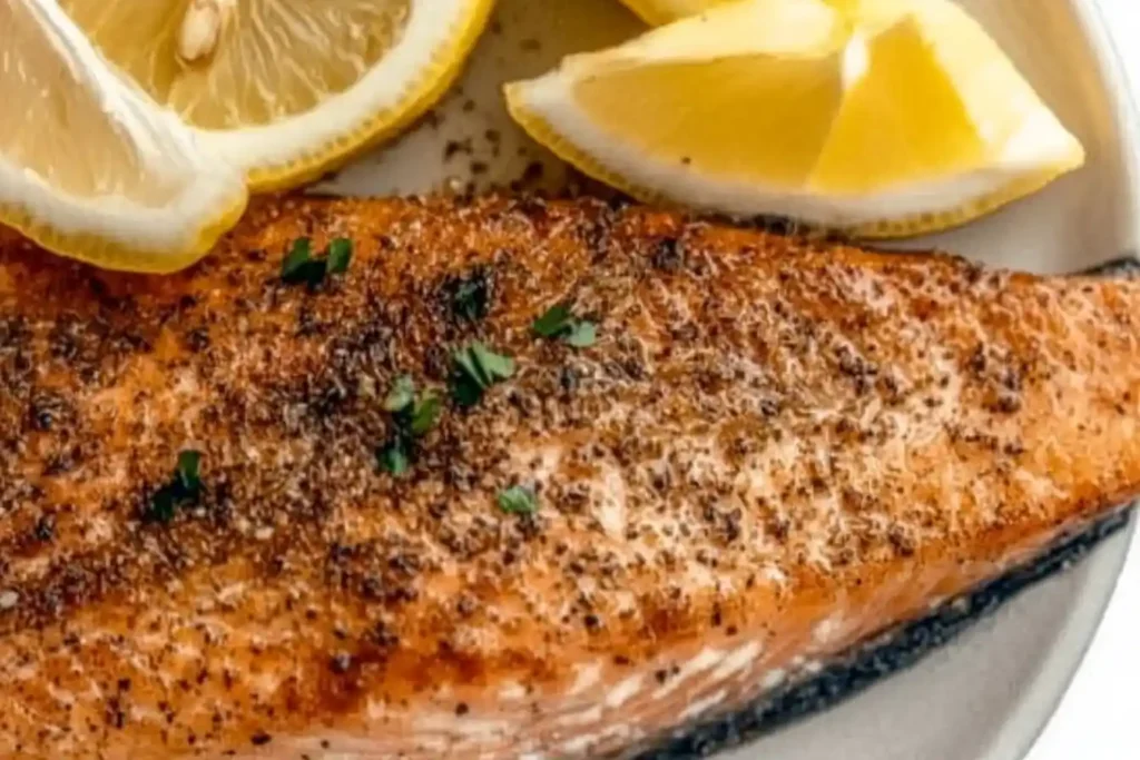 Close-up of air-fried salmon fillets with lemon wedges and herbs, highlighting flaky texture.