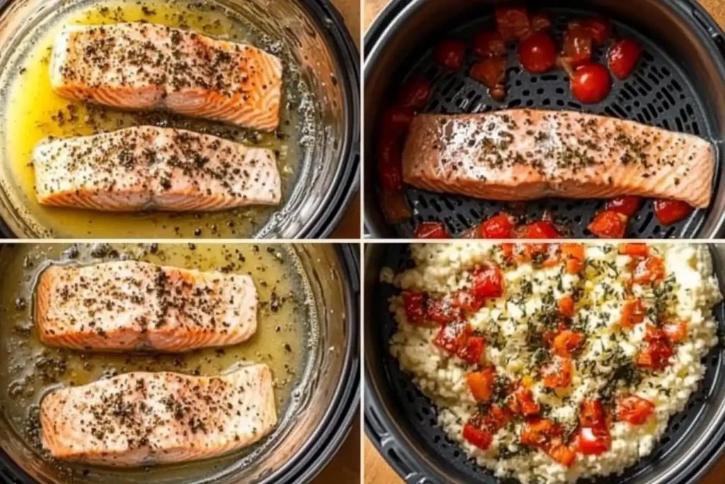 Step-by-step collage showing frozen salmon fillets in an air fryer, seasoned, cooking, and plated with sides.