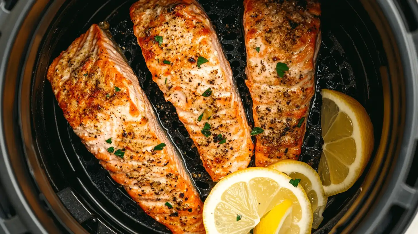 Close-up of perfectly cooked salmon in an air fryer basket, garnished with lemon wedges and herbs.