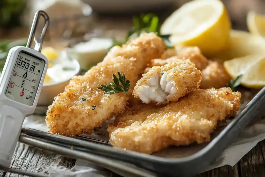 Close-up of golden-crisp air fried fih with a meat thermometer showing optimal temperature.