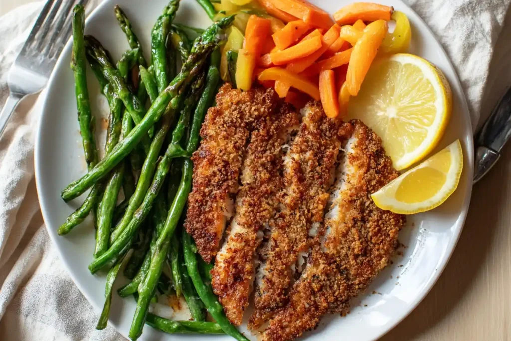 High-resolution photo of air fried frozen fish plated with colorful vegetables and a lemon wedge.