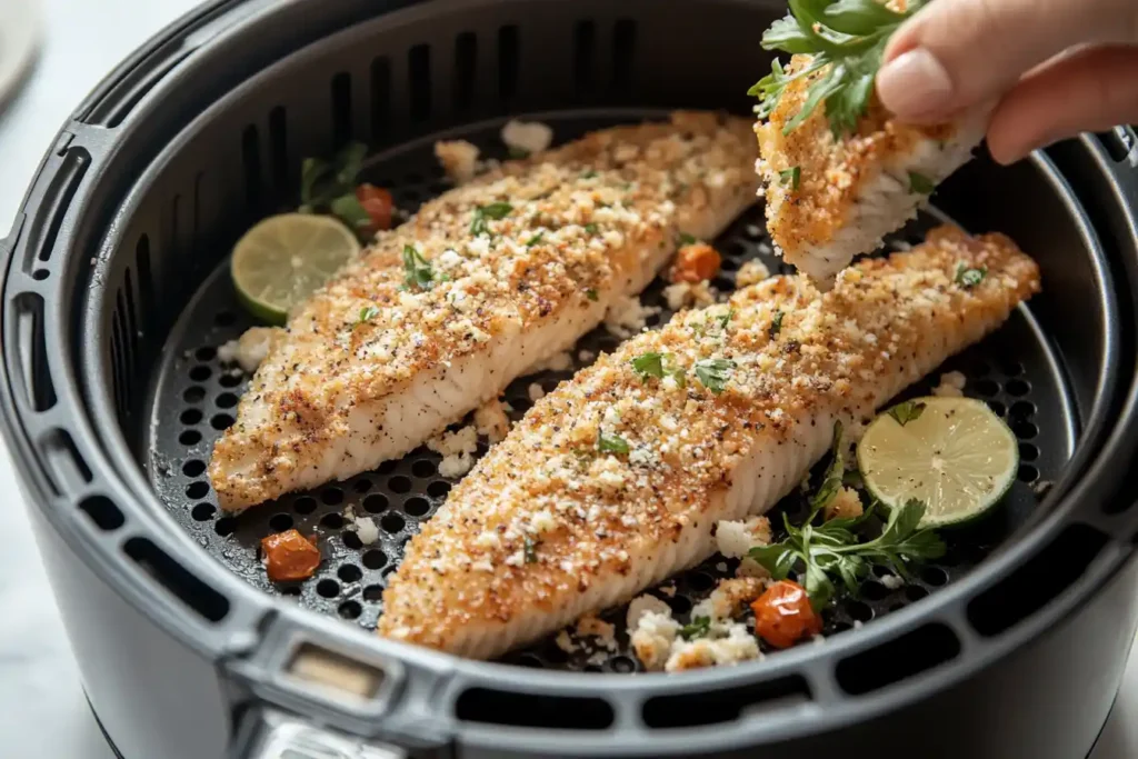 Sequence of photos showing preparation of frozen fish, cooking in air fryer, and plated crispy fish with garnish.