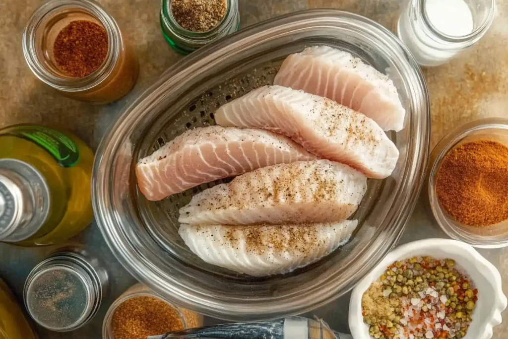 Flat lay of ingredients for air frying frozen fish, including seasonings, fish fillets, and an air fryer.