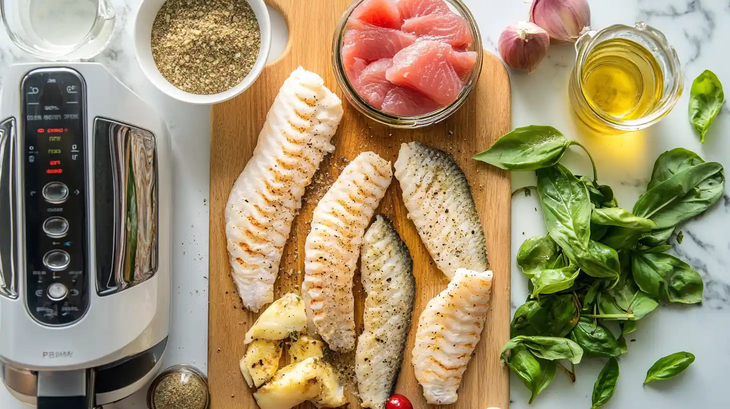 Arranged ingredients for air frying frozen fish, including seasonings and an air fryer.