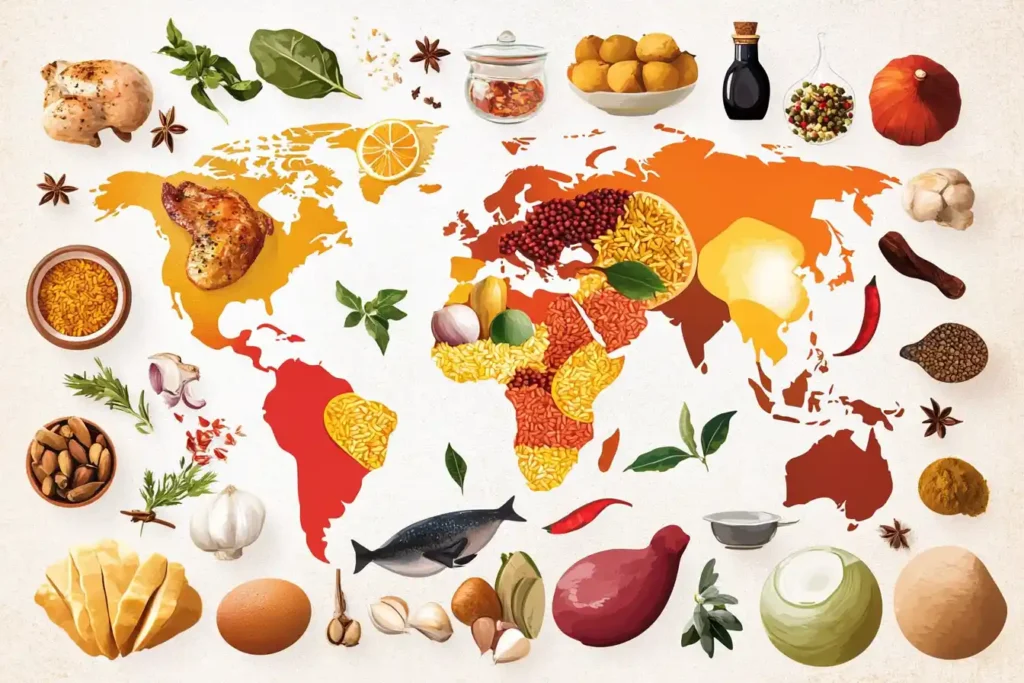 World map with icons of chicken and yellow rice connecting Spain, Cuba, and the Middle East, surrounded by saffron and turmeric spices.