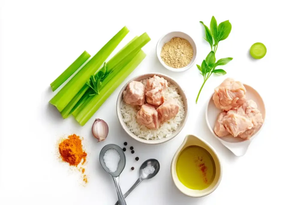 Flat lay of chicken, rice, turmeric, saffron, fresh vegetables, and measuring cups on a kitchen countertop.