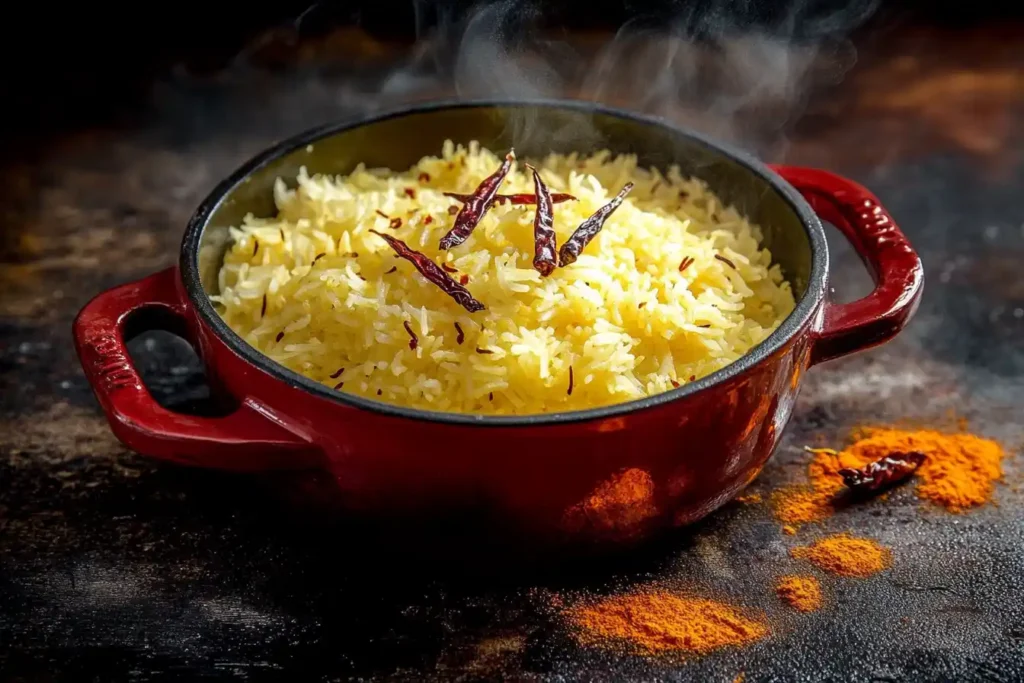 Pot of steaming yellow rice surrounded by saffron threads and turmeric powder on a rustic counter with a red border