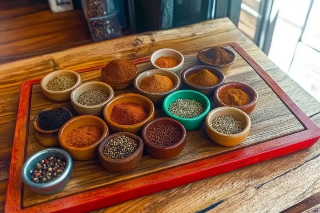 Wooden board with colorful spices like turmeric, cumin, saffron, and paprika in ceramic bowls.