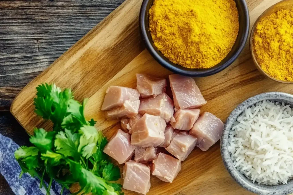 Fresh chicken, turmeric, saffron, and long-grain rice arranged on a wooden cutting board.