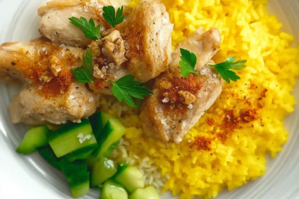 Plated chicken and yellow rice garnished with fresh parsley and served with a side of vegetables.