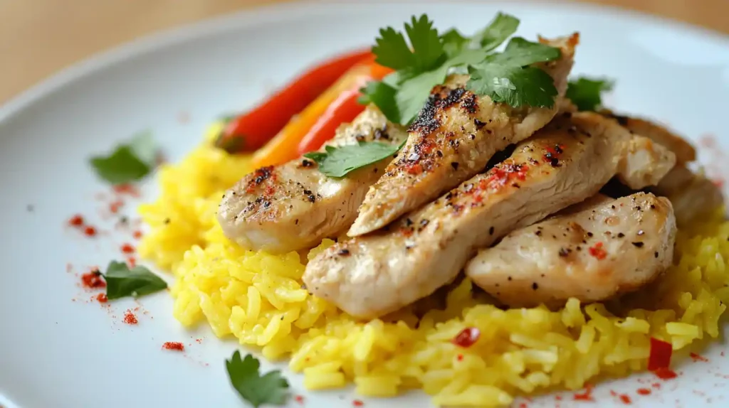 Plated chicken and yellow rice with parsley and mixed vegetables.