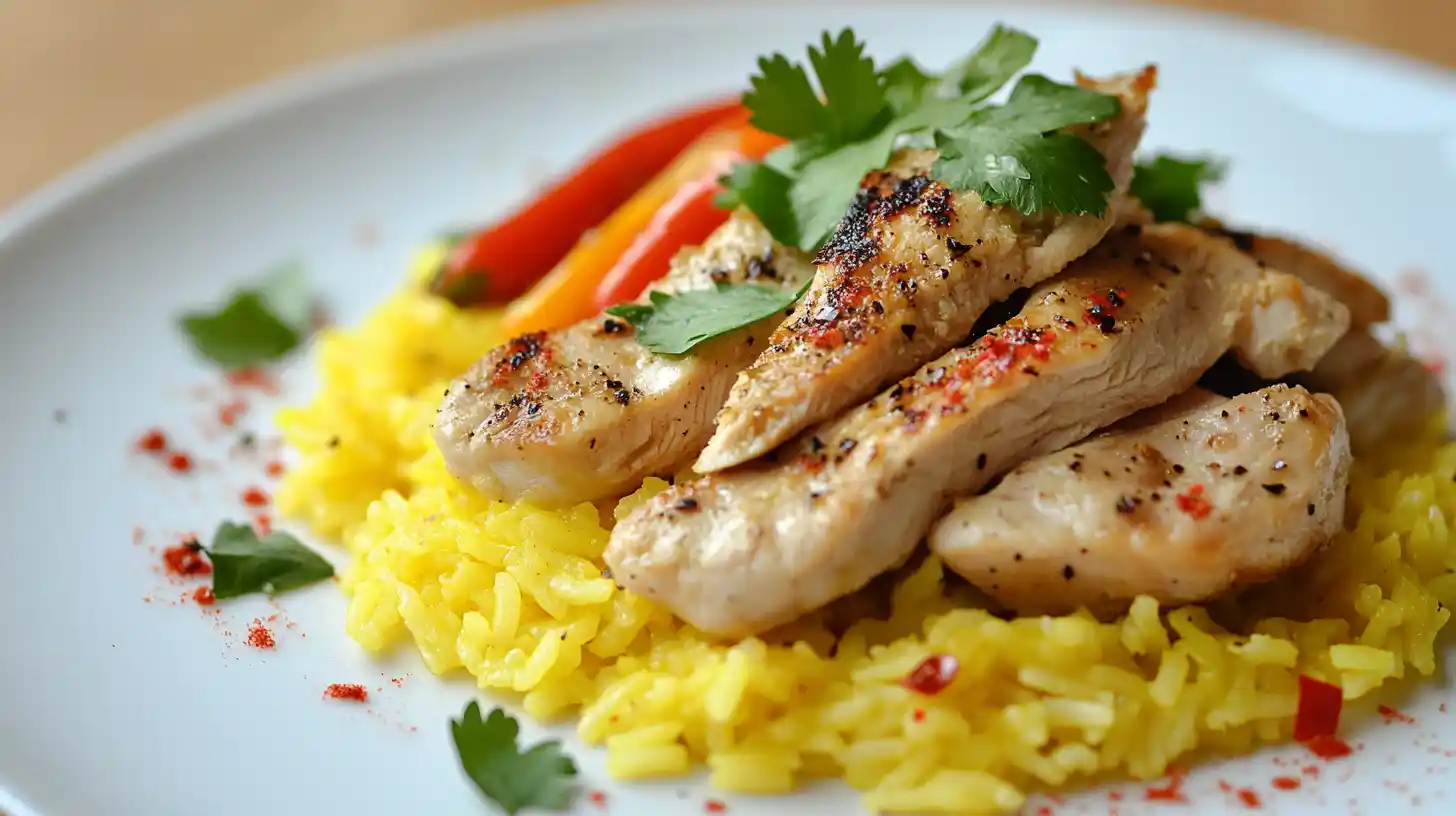 Plated chicken and yellow rice with parsley and mixed vegetables.